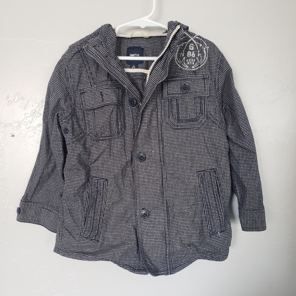 Gap Kids Boys XS 4/5 Navy Blue & White Plaid Jacket Zipper Button Up Utility